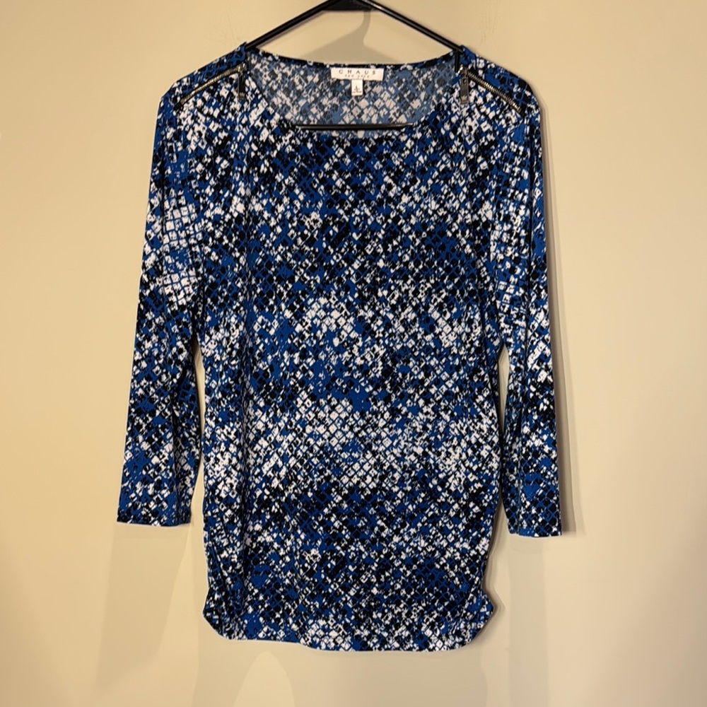 Chaus Blue and Black Patterned Blouse